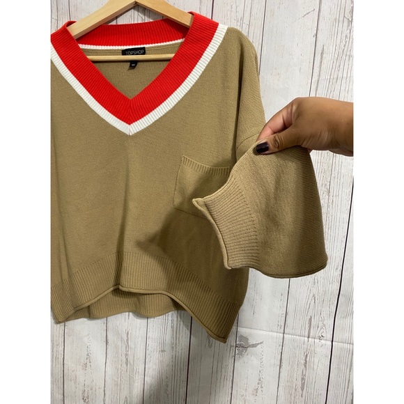 TOPSHOP Crop V neck wide Sleeve Sweater Tan Size 6 - Picture 3 of 10